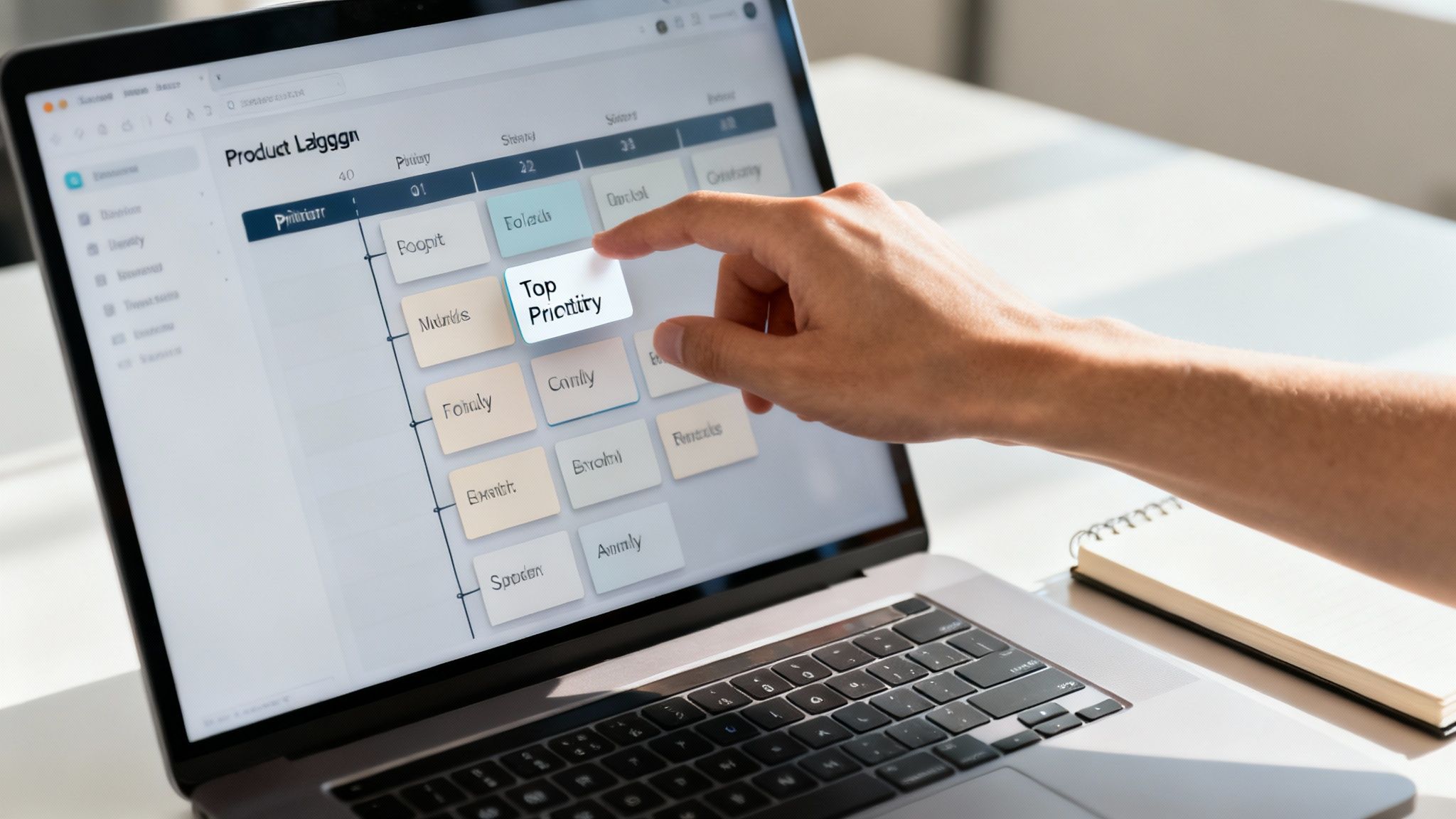 A hand selects 'Top Priortiry' on a laptop screen displaying an agile project management board with various tasks.