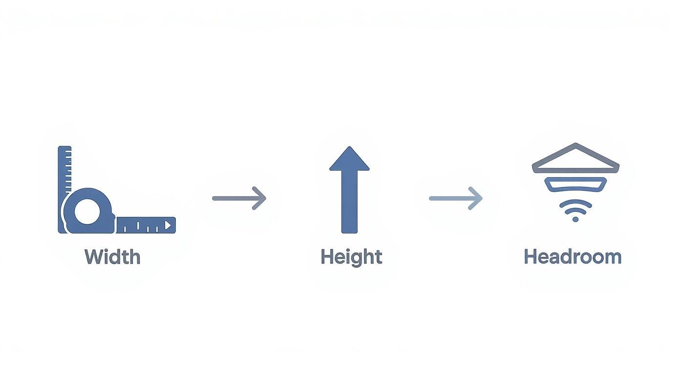 Diagram showing garage door measurement process from width to height to headroom clearance