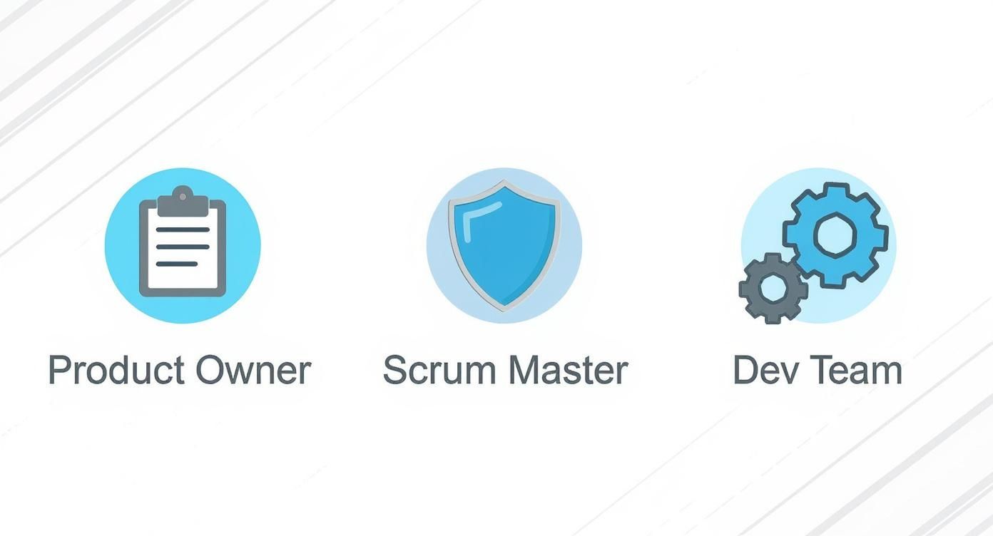 Icons illustrating the three core roles in a Scrum team: Product Owner, Scrum Master, and Dev Team.