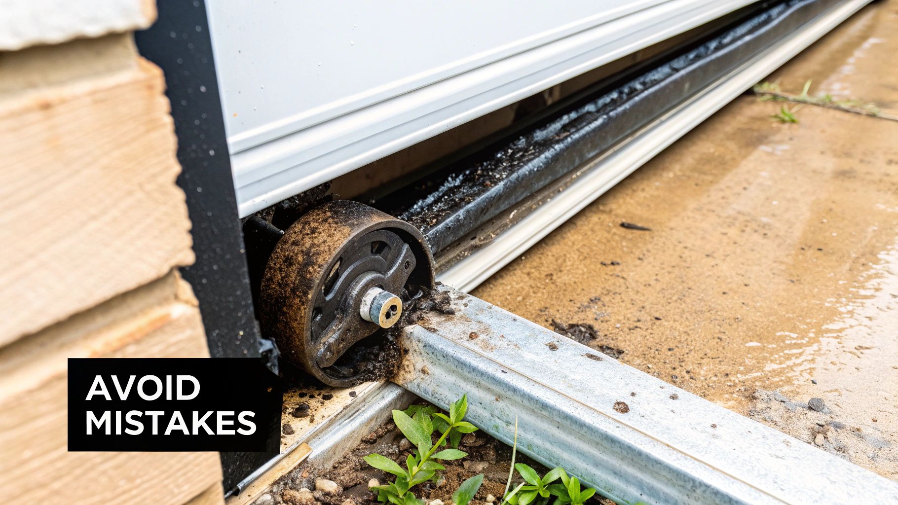 A red 'X' mark painted over a garage door track to signify a common mistake.