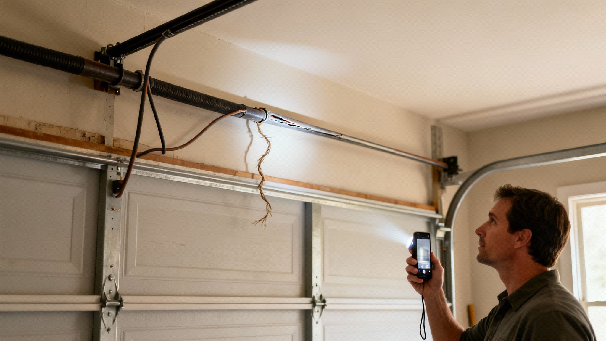Man using phone flashlight to inspect a broken garage door torsion spring system.