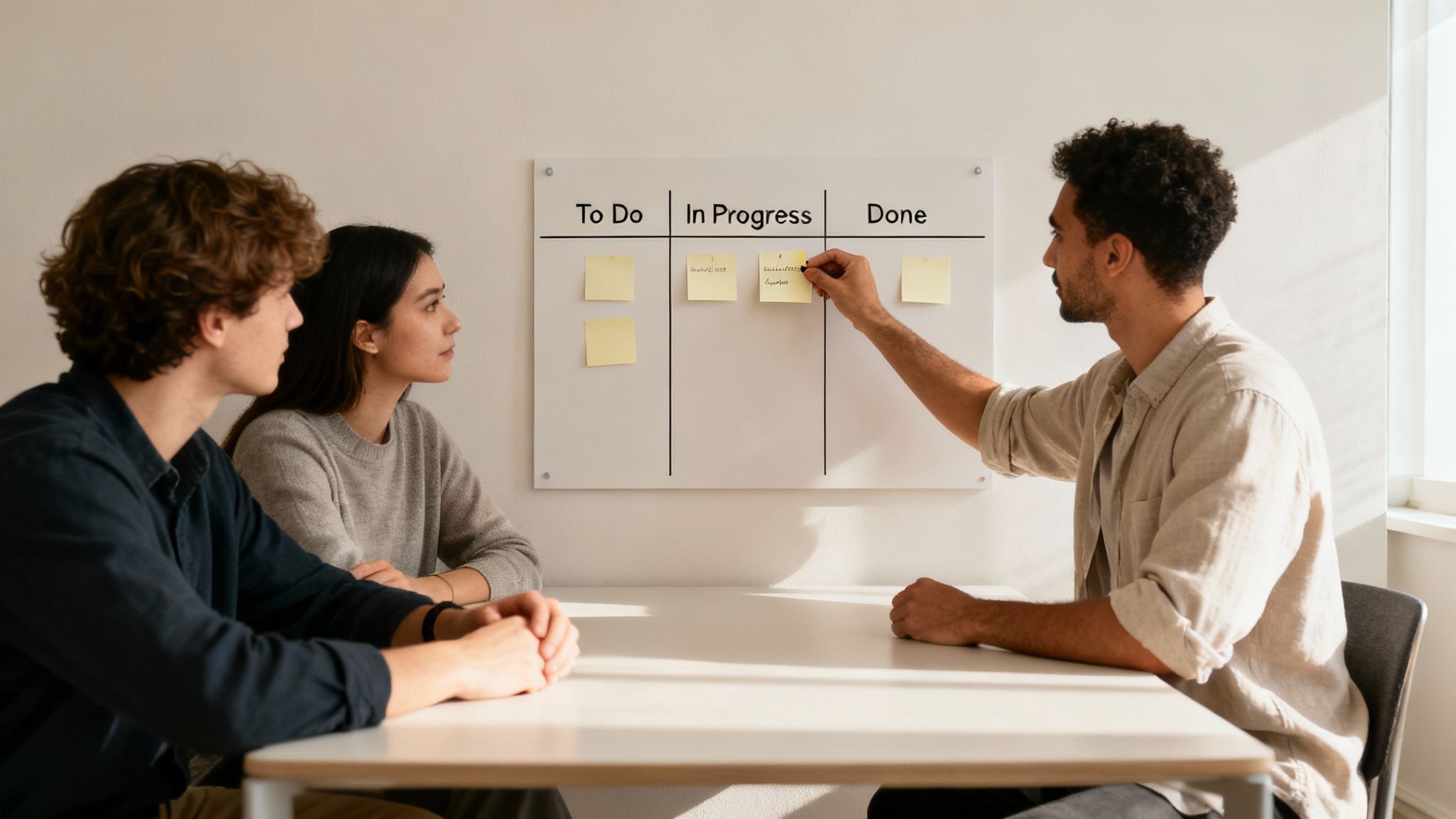 Diverse team collaborating on an agile project board, organizing tasks with sticky notes.