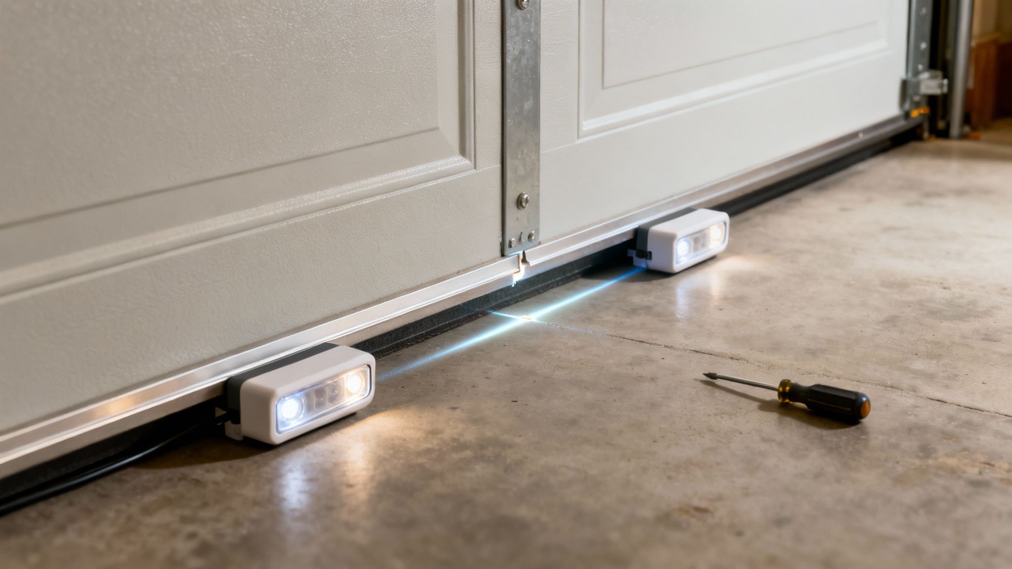 Close-up of garage door safety sensors emitting a blue light beam across the floor.