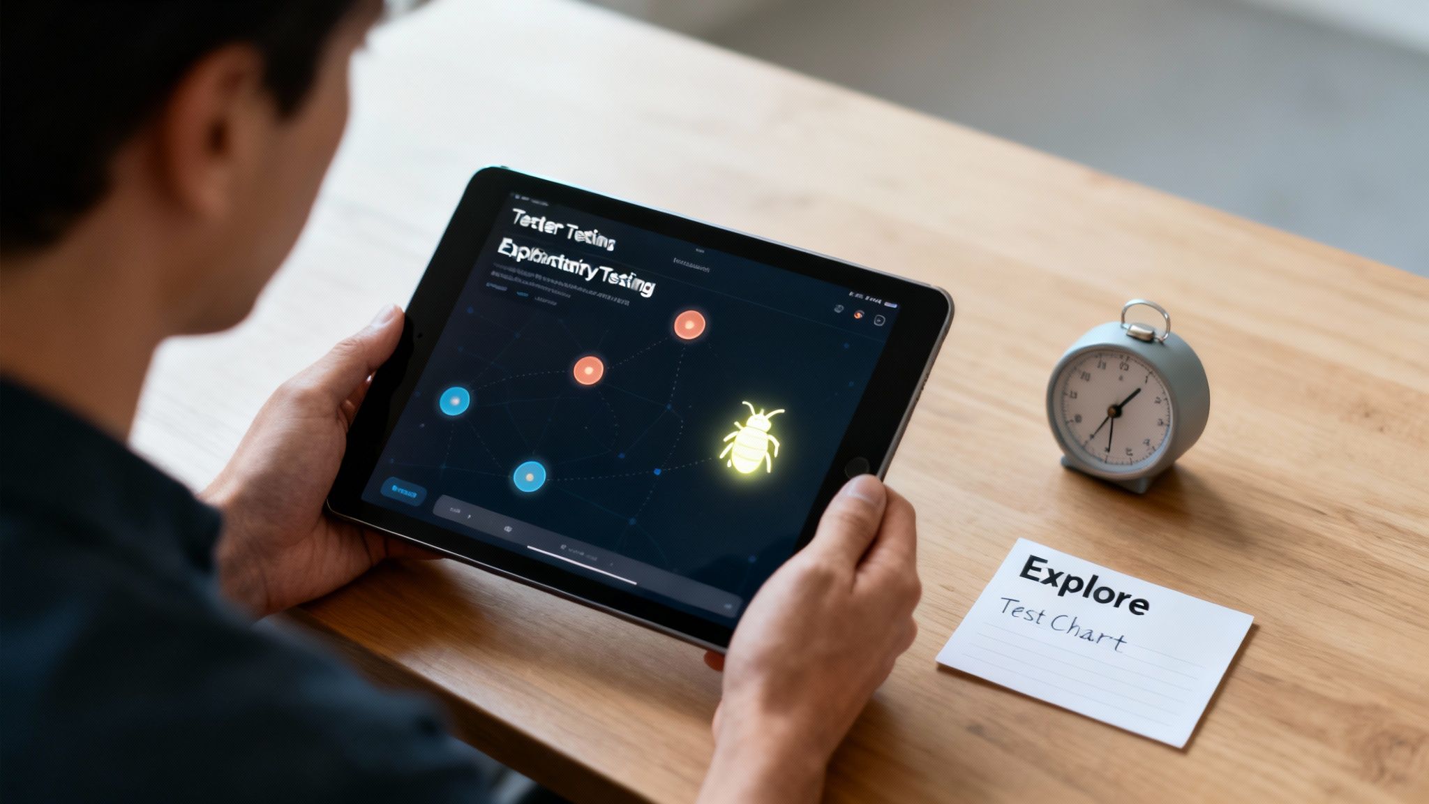 A person engaged in exploratory testing on a tablet, with a bug icon highlighted, next to a test chart.