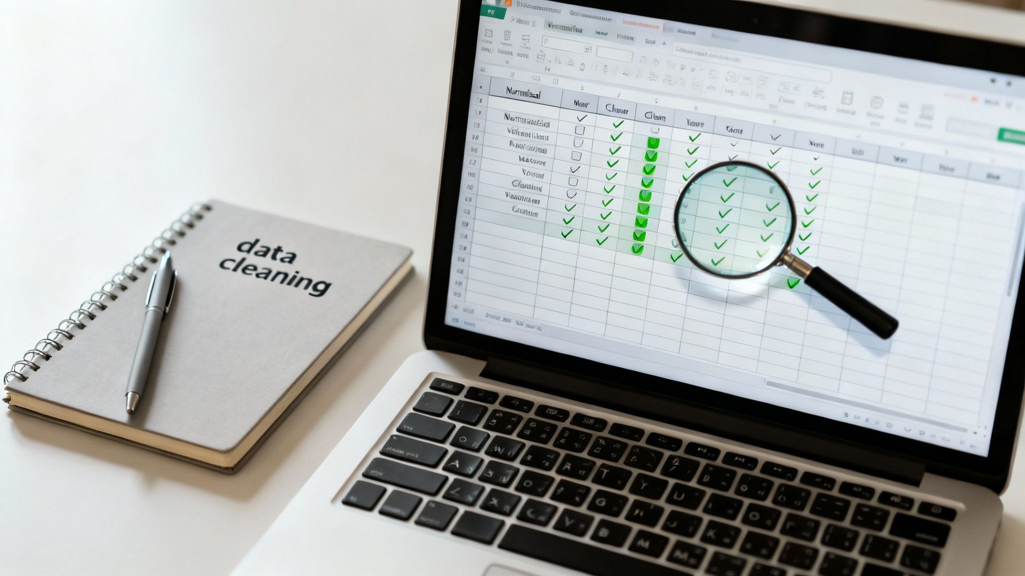 A laptop displays a spreadsheet with clean data and green checkmarks, next to a notebook labeled 'data cleaning' and a pen.