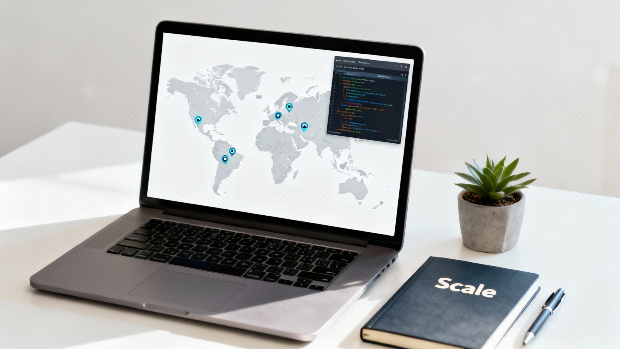 Laptop displaying a world map with location pins and a code editor, next to a plant and notebook.