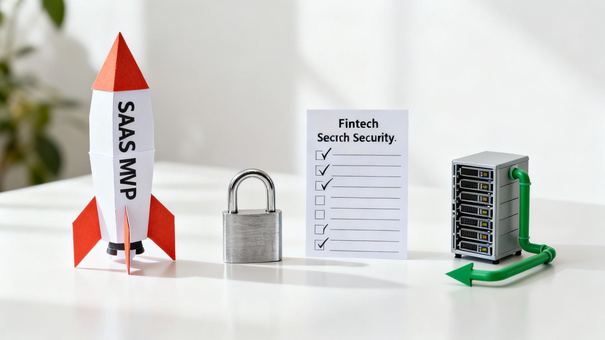 A paper rocket labeled 'SAAS MVP', a padlock, a 'Fintech Security' checklist, and a server rack.