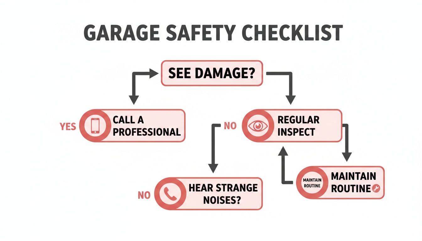 Flowchart showing a garage safety checklist with steps for inspecting for damage, hearing strange noises, and maintenance routines.