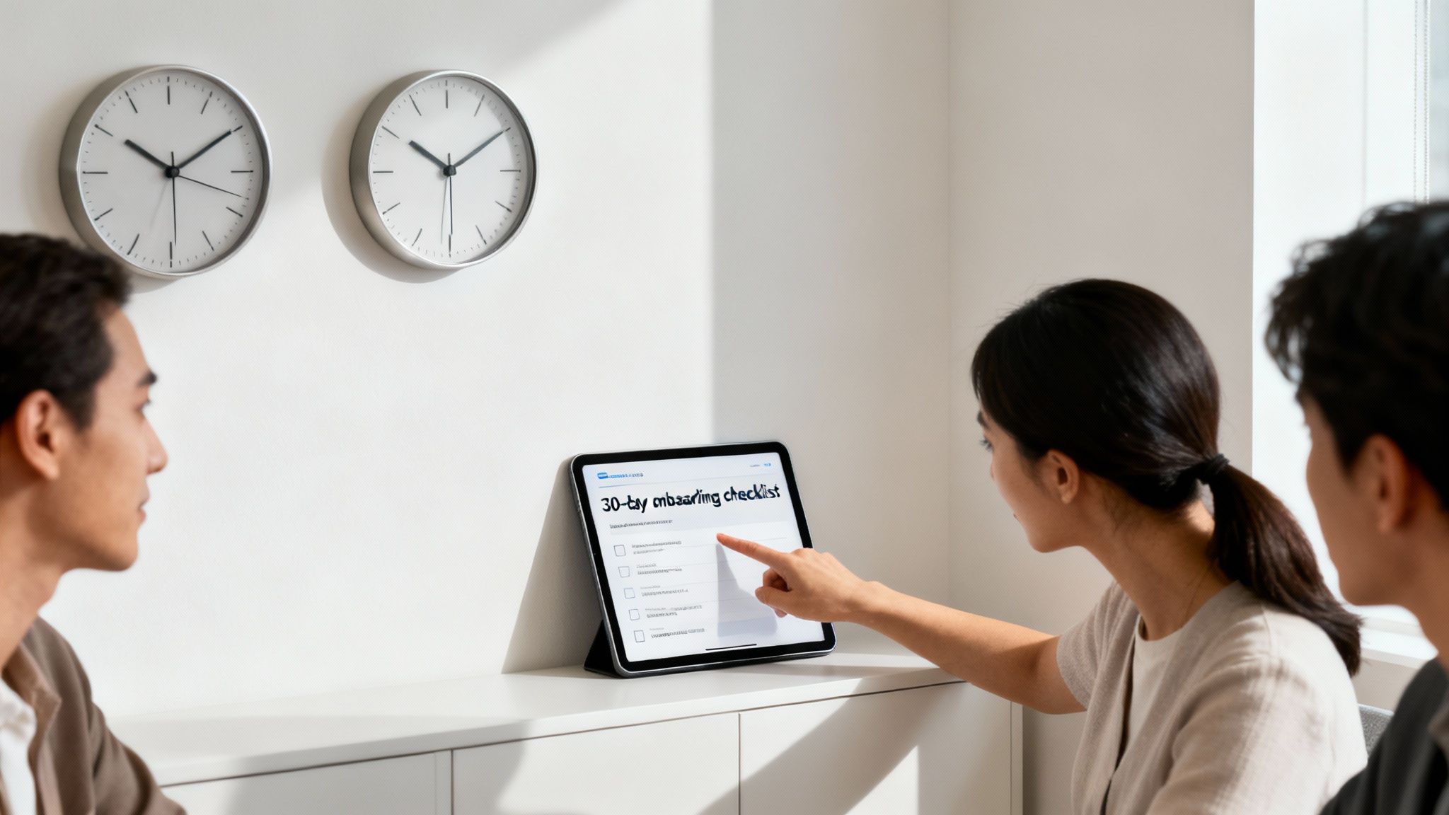 A group of professionals in a meeting, pointing at a screen with charts, illustrating team management and success.