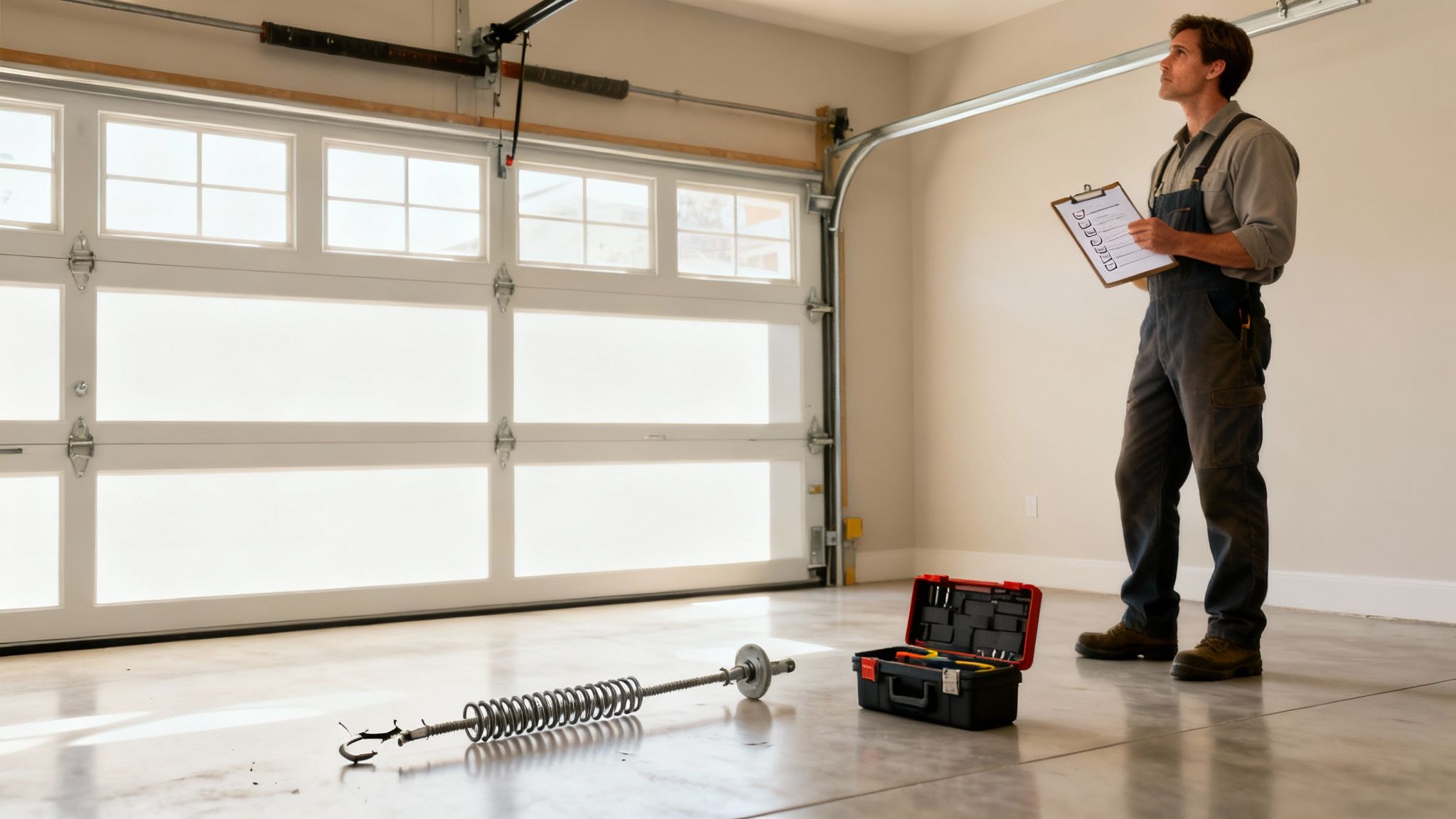 A repairman inspects a garage door with a clipboard, tools, and a spring on the floor, ready for replacement.