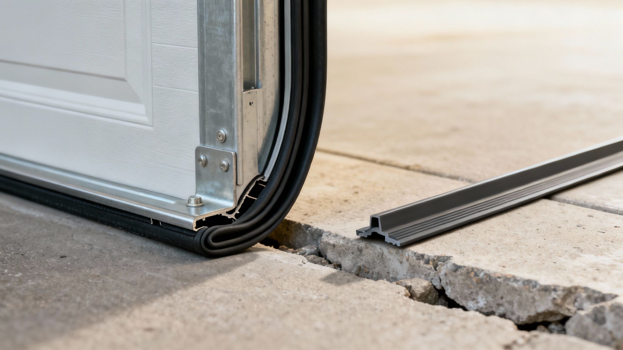 Close-up of a white garage door bottom with a black weather seal and broken concrete floor, showing a new strip.
