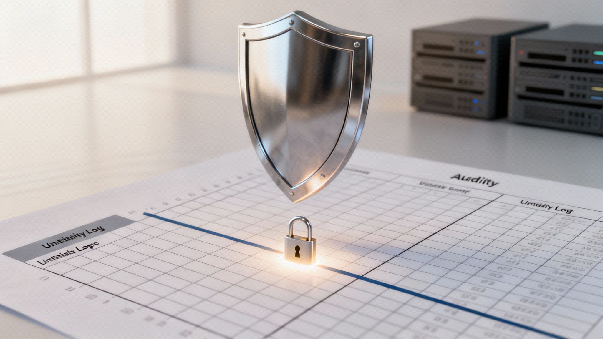 A metallic shield and glowing padlock over an audit log with server racks, symbolizing data security.