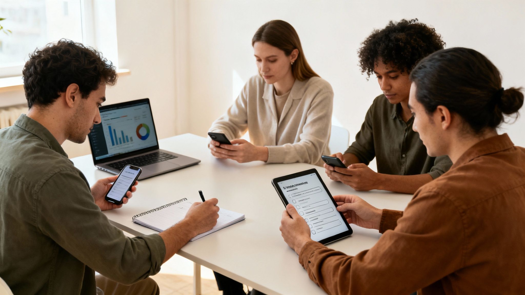 Four diverse young professionals collaborating around a table, using laptops, phones, and a tablet.