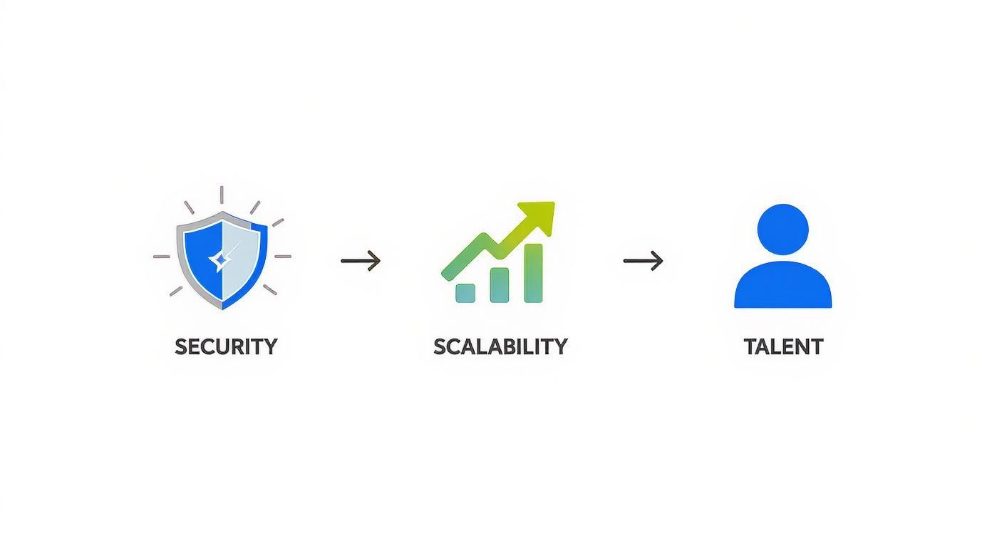 Three pillars of fintech development showing security shield, scalability growth chart, and talent icon with arrows