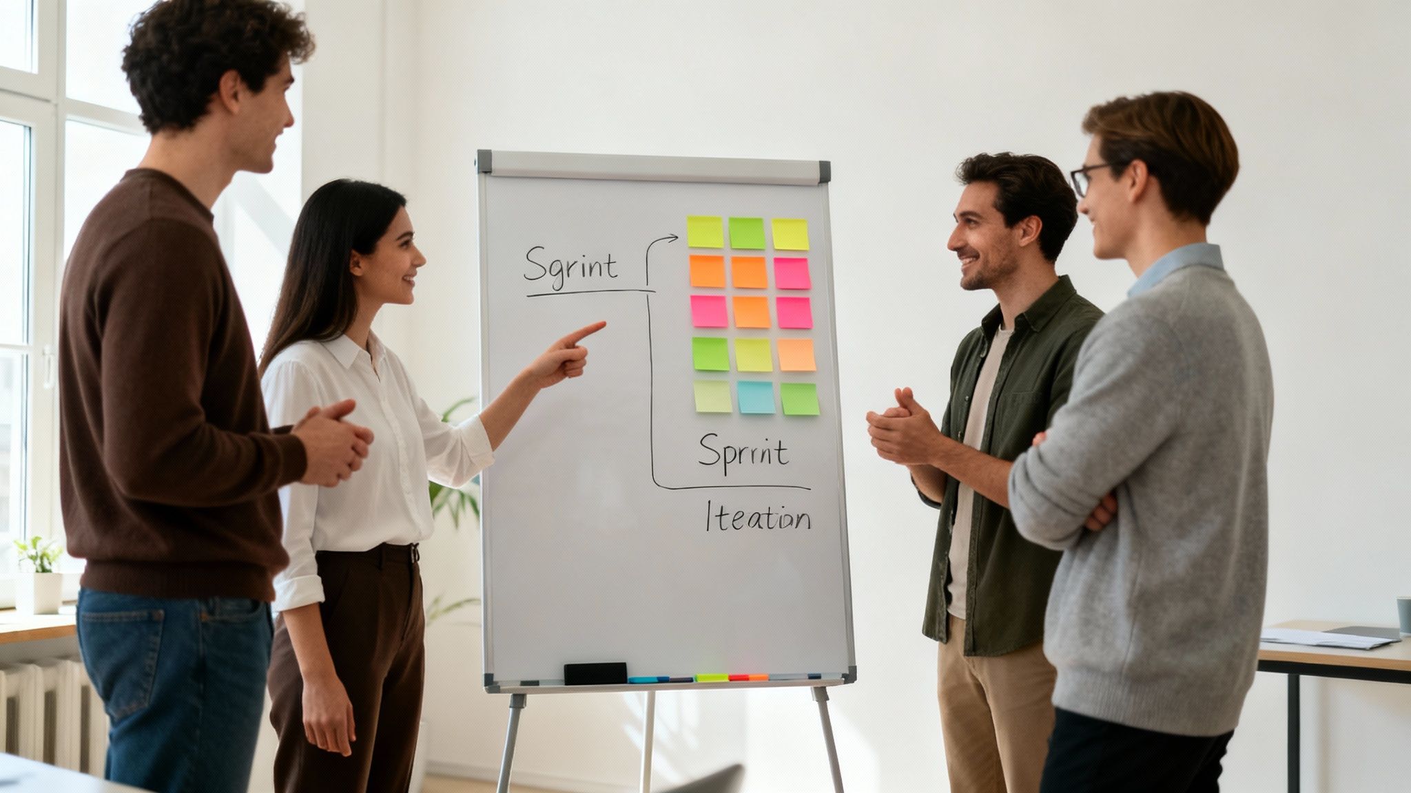 Four diverse colleagues collaborating on a project, with a woman pointing at a whiteboard covered in sticky notes.