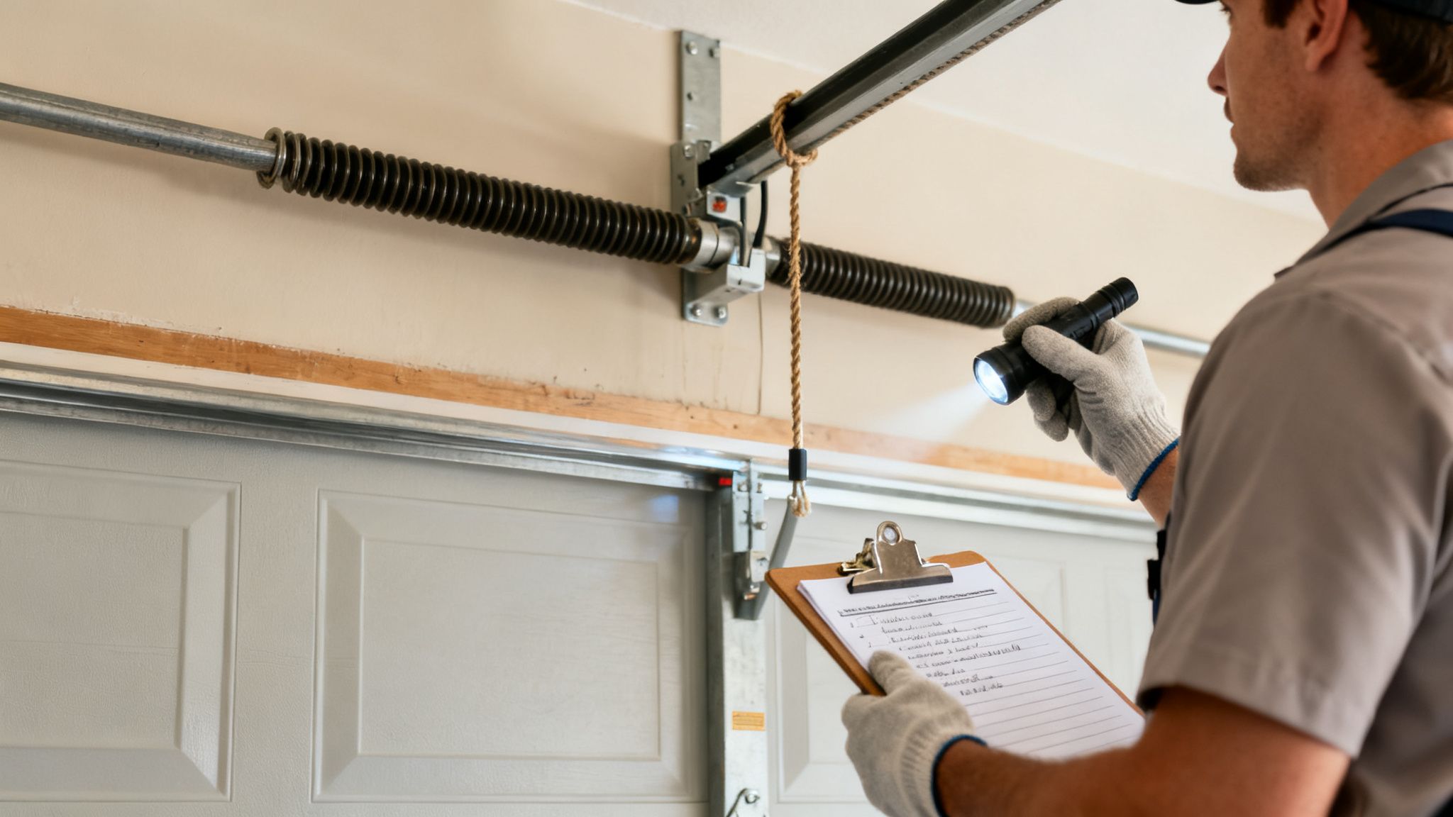 A technician inspects garage door torsion springs and track with a flashlight and clipboard.