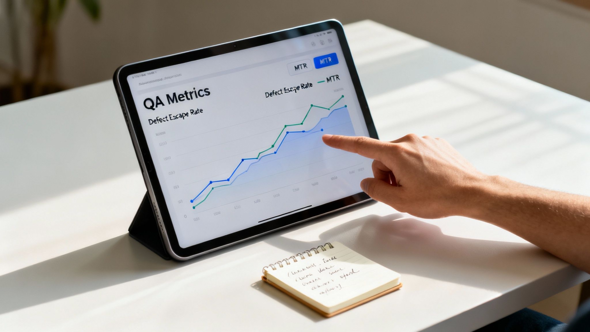 A person's hand pointing at a 'Defect Escape Rate' graph on a tablet, with a notebook.