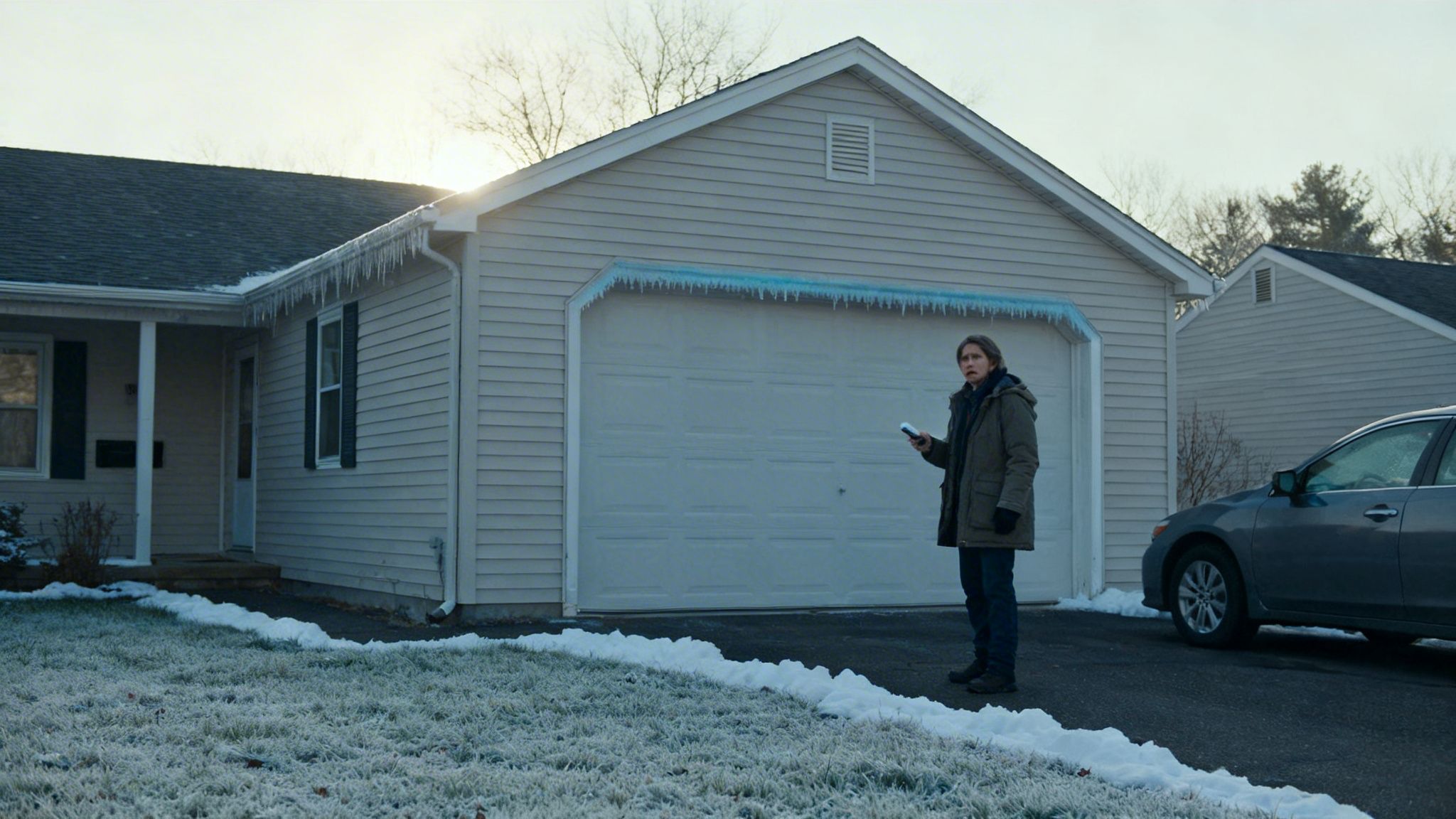 Person in winter coat stands on snowy driveway, looking at glowing blue icicles above garage door.