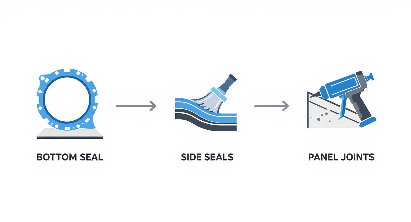 Infographic illustrating the process of applying a bottom seal, side seals, and panel joints with sealant tools.
