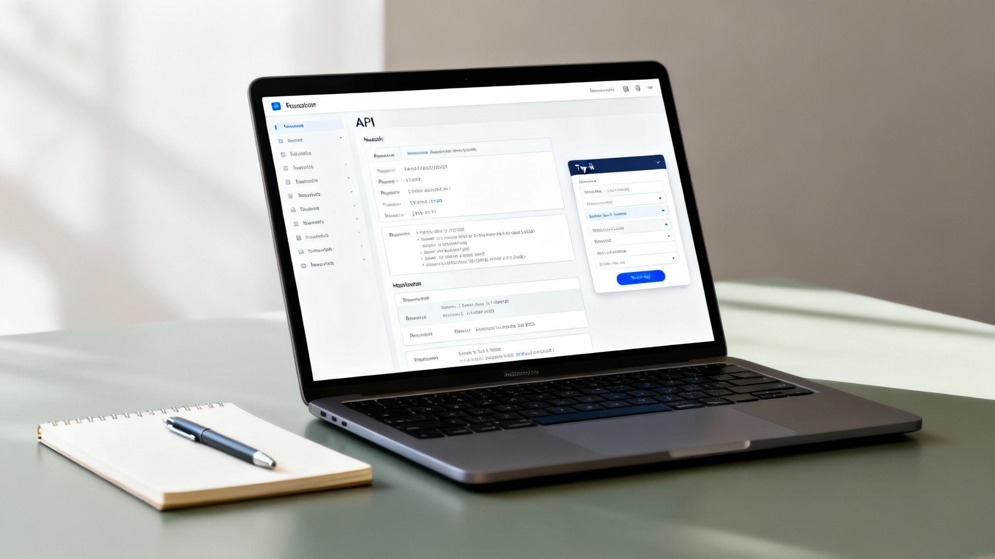 A laptop displaying an API documentation interface, with a notebook and pen on a clean desk.