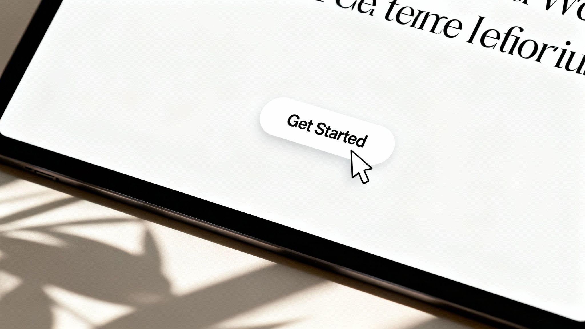 A digital tablet screen displays a 'Get Started' button with a mouse cursor, inviting user interaction.