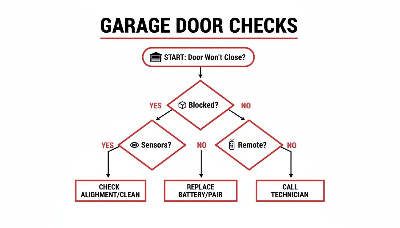 Flowchart detailing steps to troubleshoot a garage door that won't close, including checking for blockages, sensors, and remote.