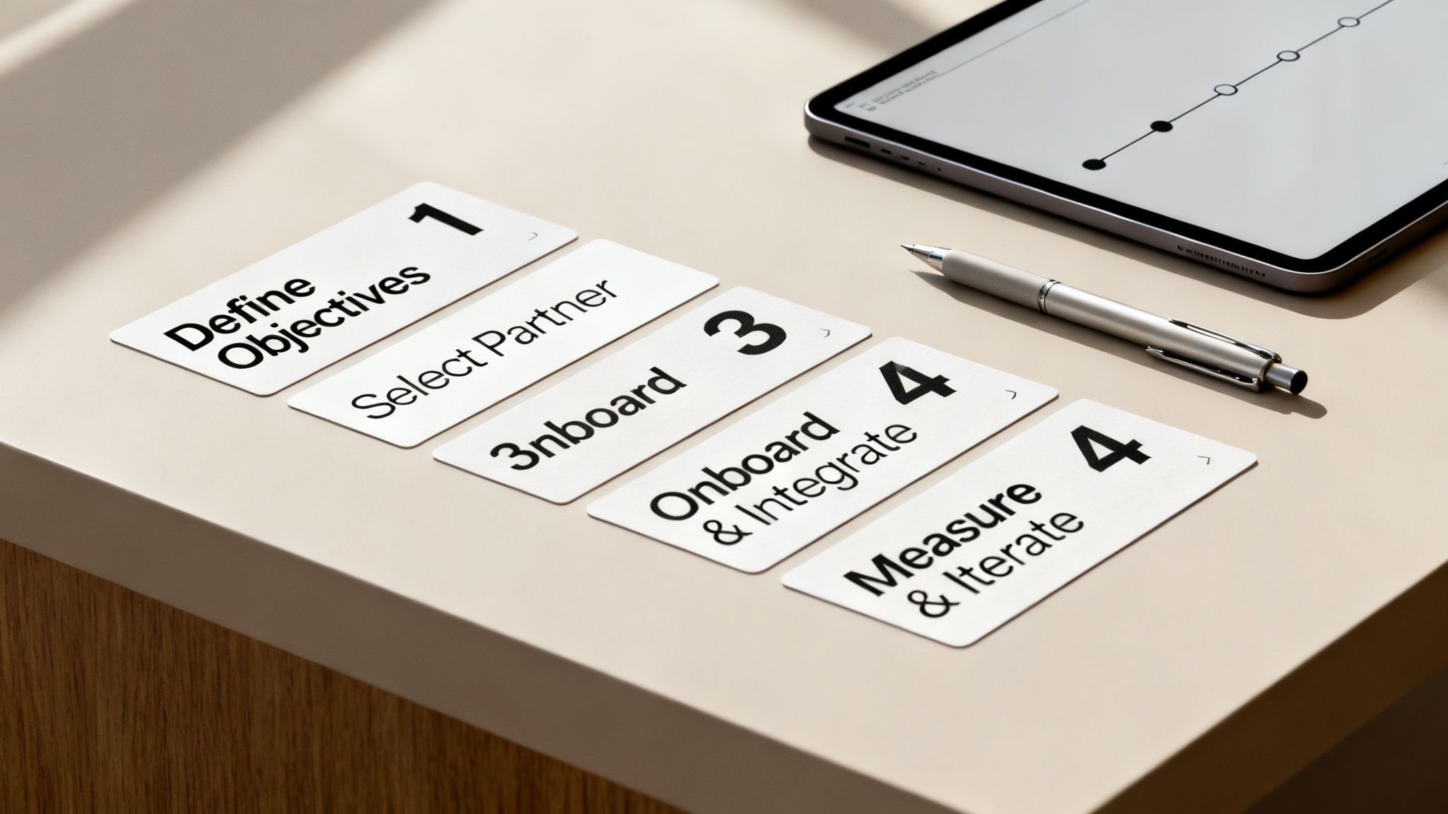 White cards outlining a five-step business process on a beige desk, alongside a tablet and pen.