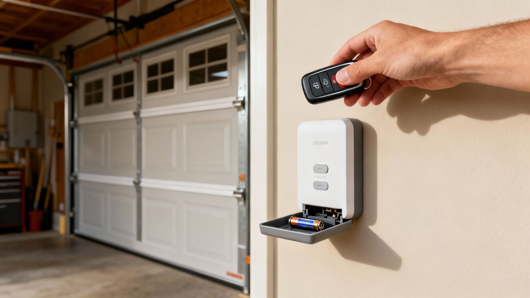 A hand holds a car remote near a wall-mounted garage door opener with exposed batteries.