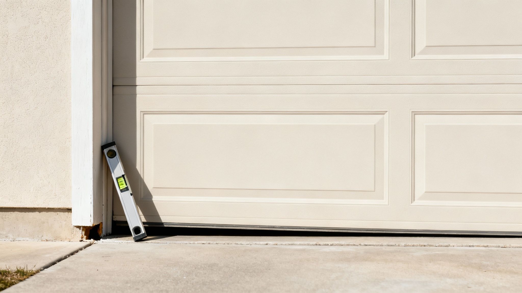 A spirit level leans against a beige garage door frame on a concrete driveway, next to the garage door.