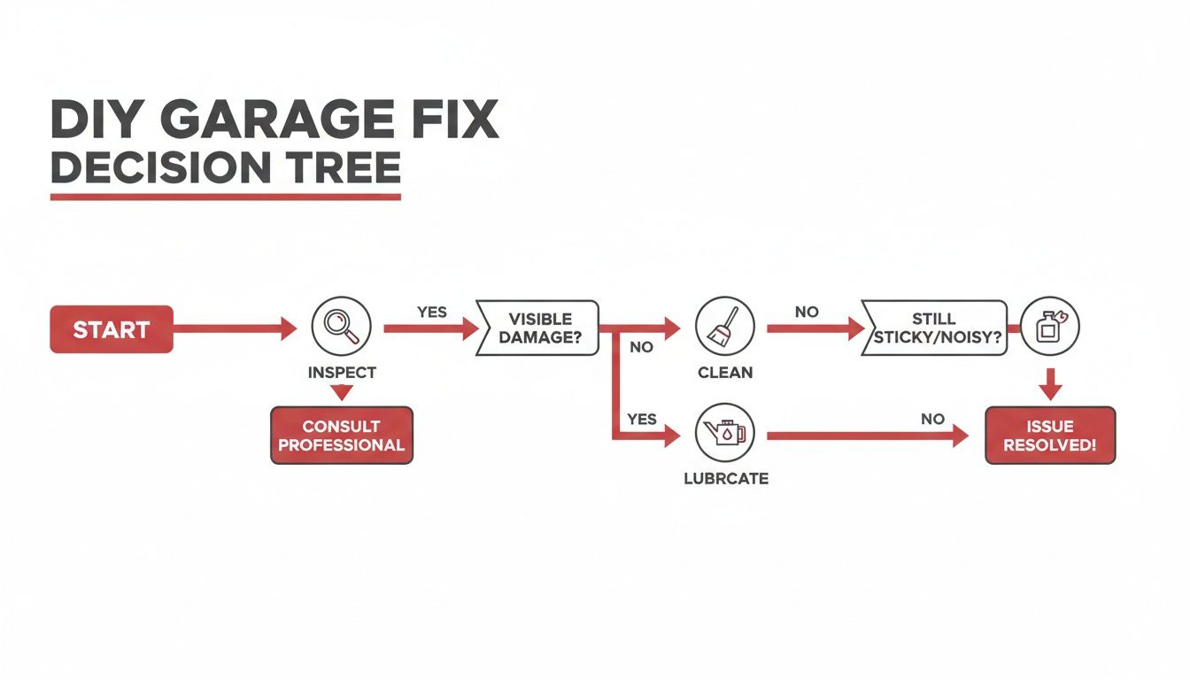 A DIY garage fix decision tree flowchart with steps like inspect, clean, lubricate, and consult professional.