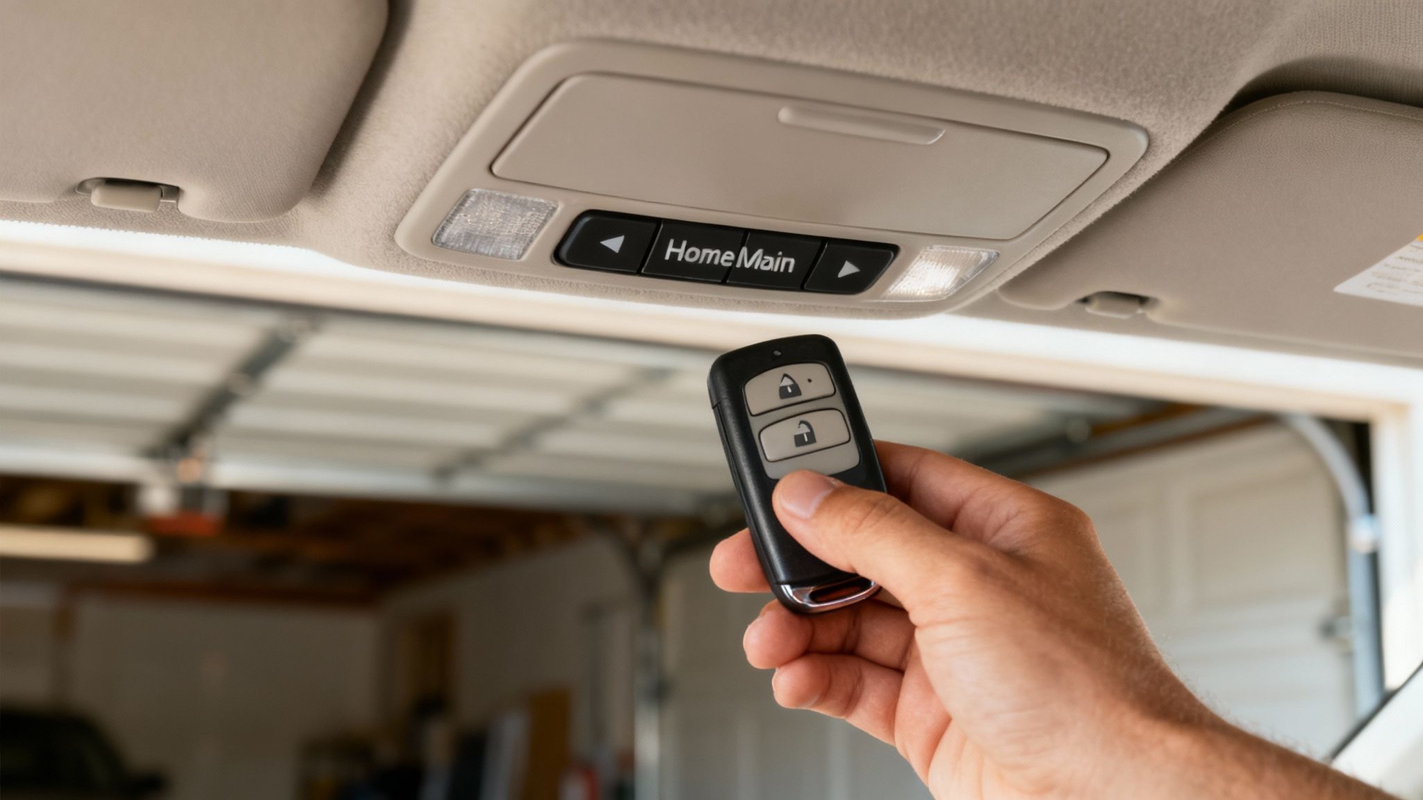 Person holding a garage door remote near a car's rearview mirror