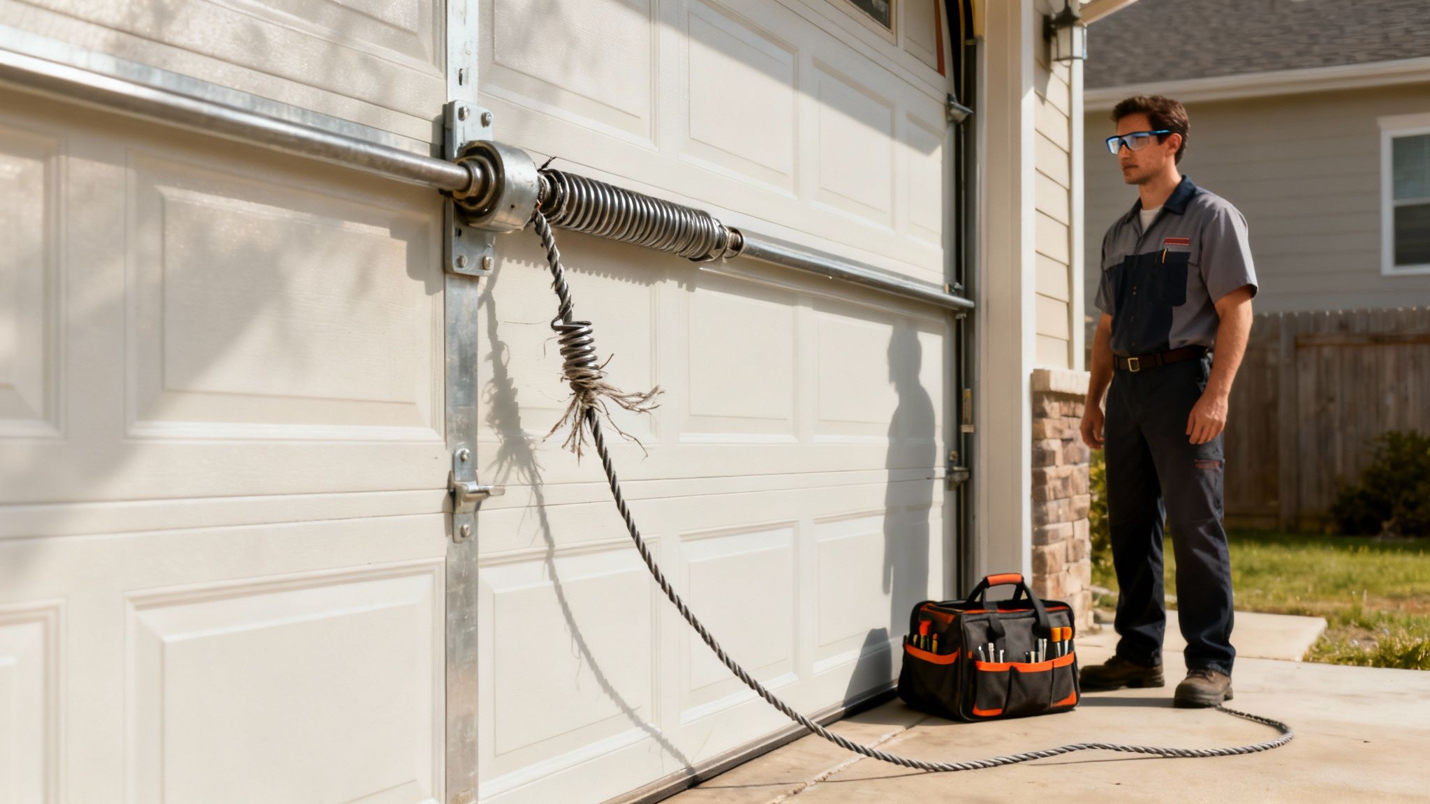 A garage door technician observes a broken garage door spring and cable with a toolbox nearby.