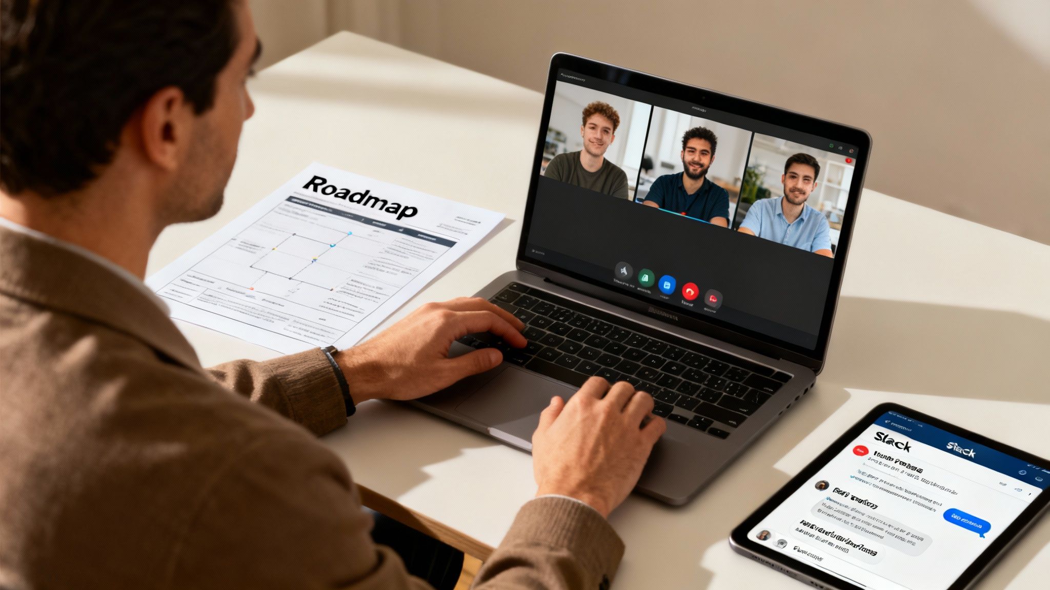 Man working at a desk with a laptop displaying a video call, a roadmap document, and a tablet with Slack.