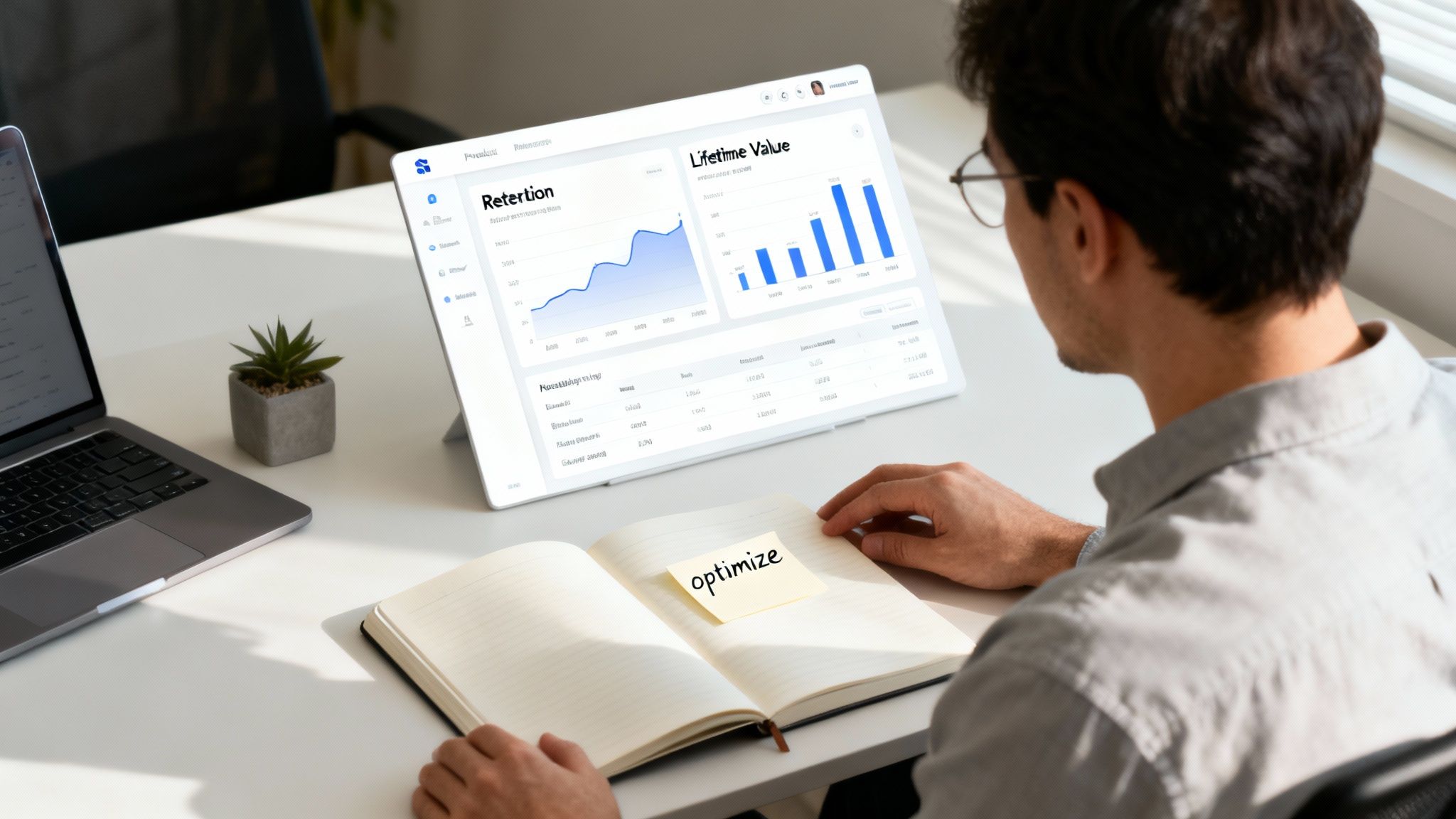 Person analyzes business data on a tablet, showing retention and lifetime value graphs, with an 'optimize' note.