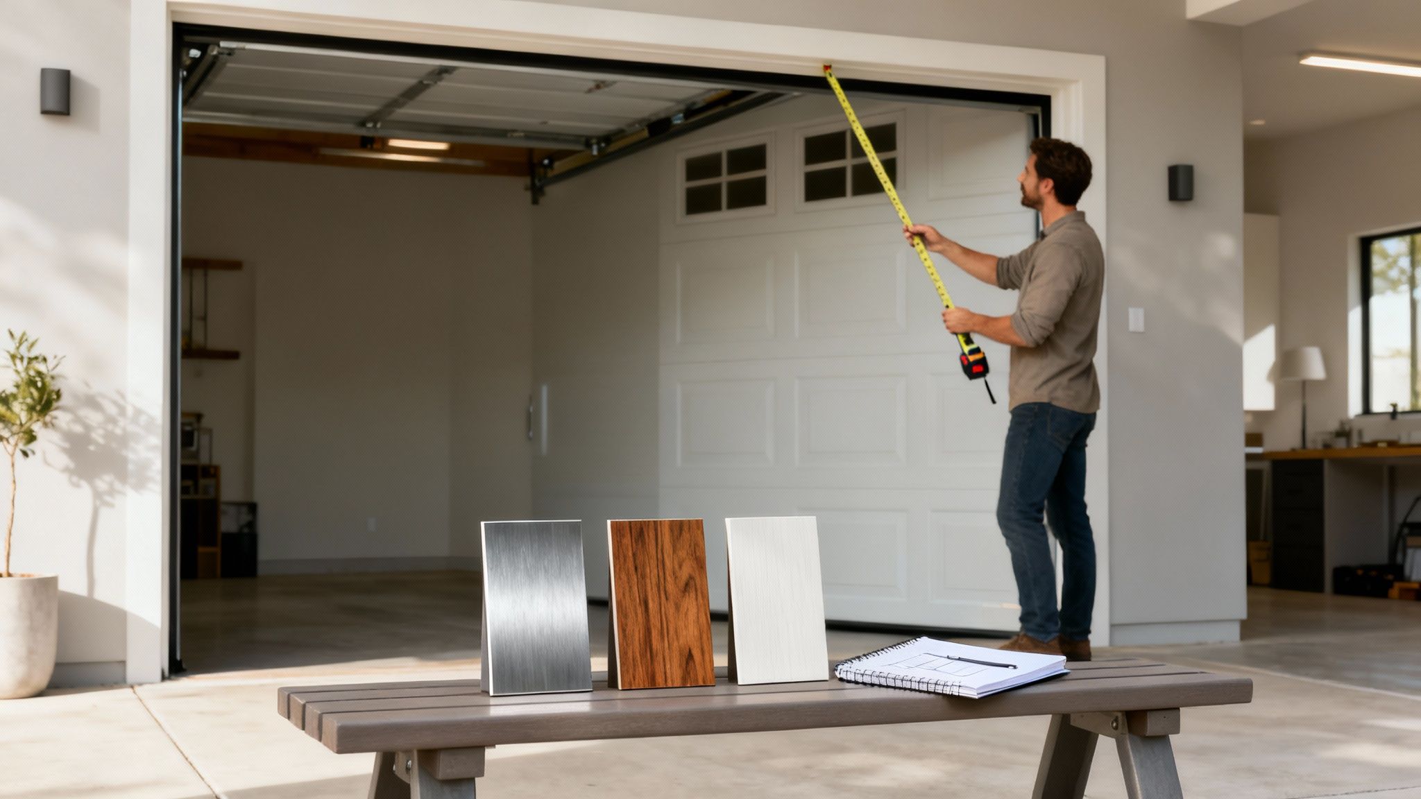 Man measuring a garage door with a tape measure, next to material samples and a notebook.