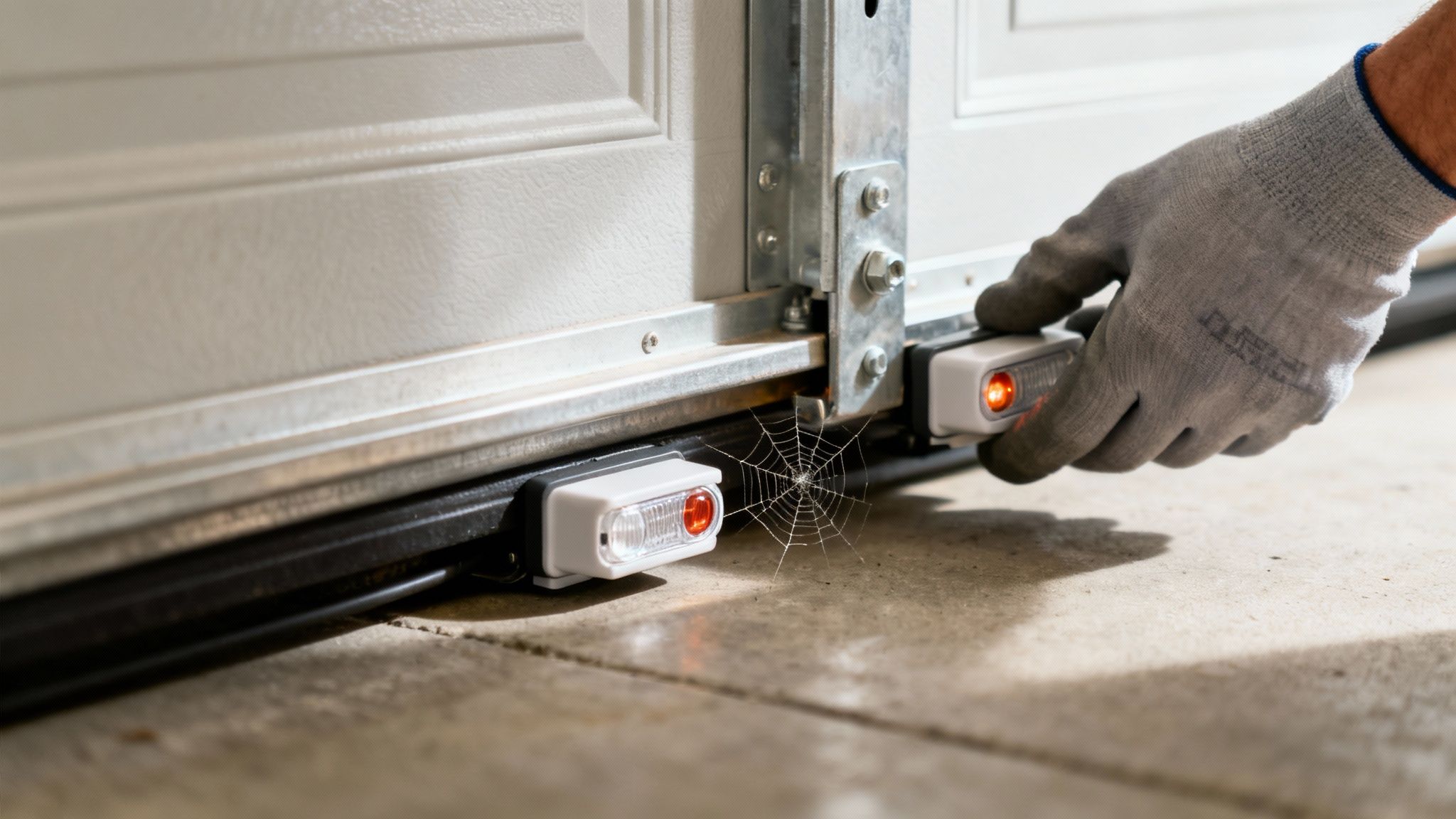 A gloved hand adjusts a garage door safety sensor with an orange light, near a spiderweb.