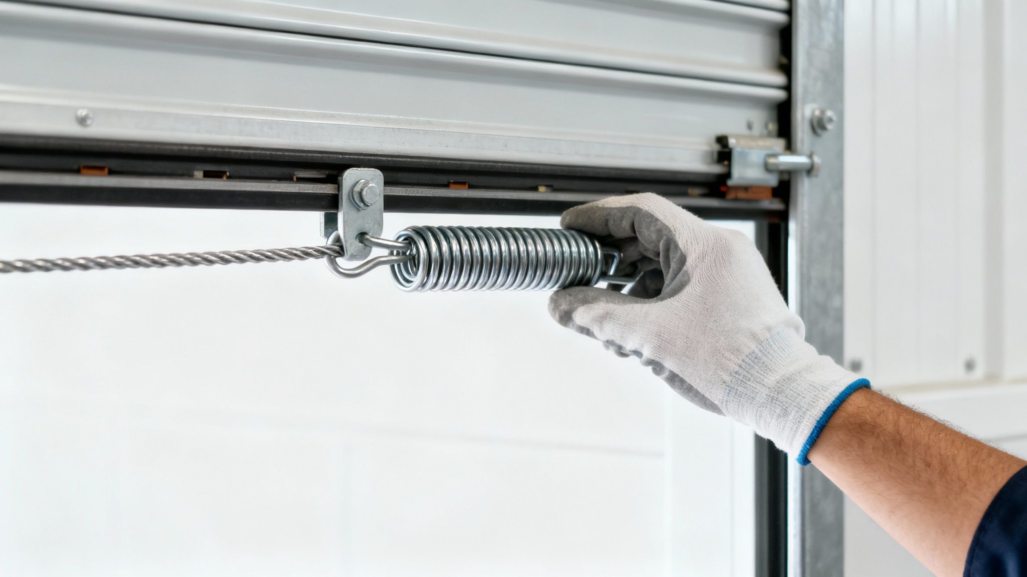 A technician inspecting the mechanical components of a commercial roll up door.