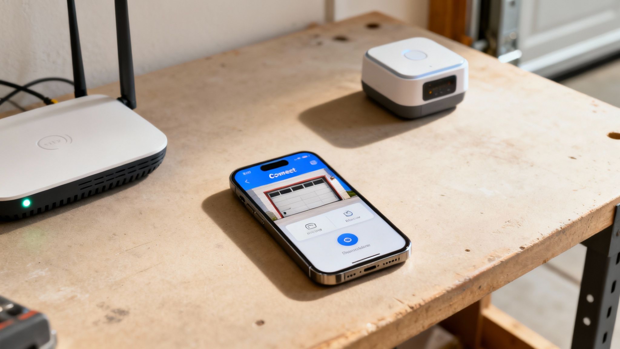 A smartphone displaying a garage door app next to a modern garage door opener unit.