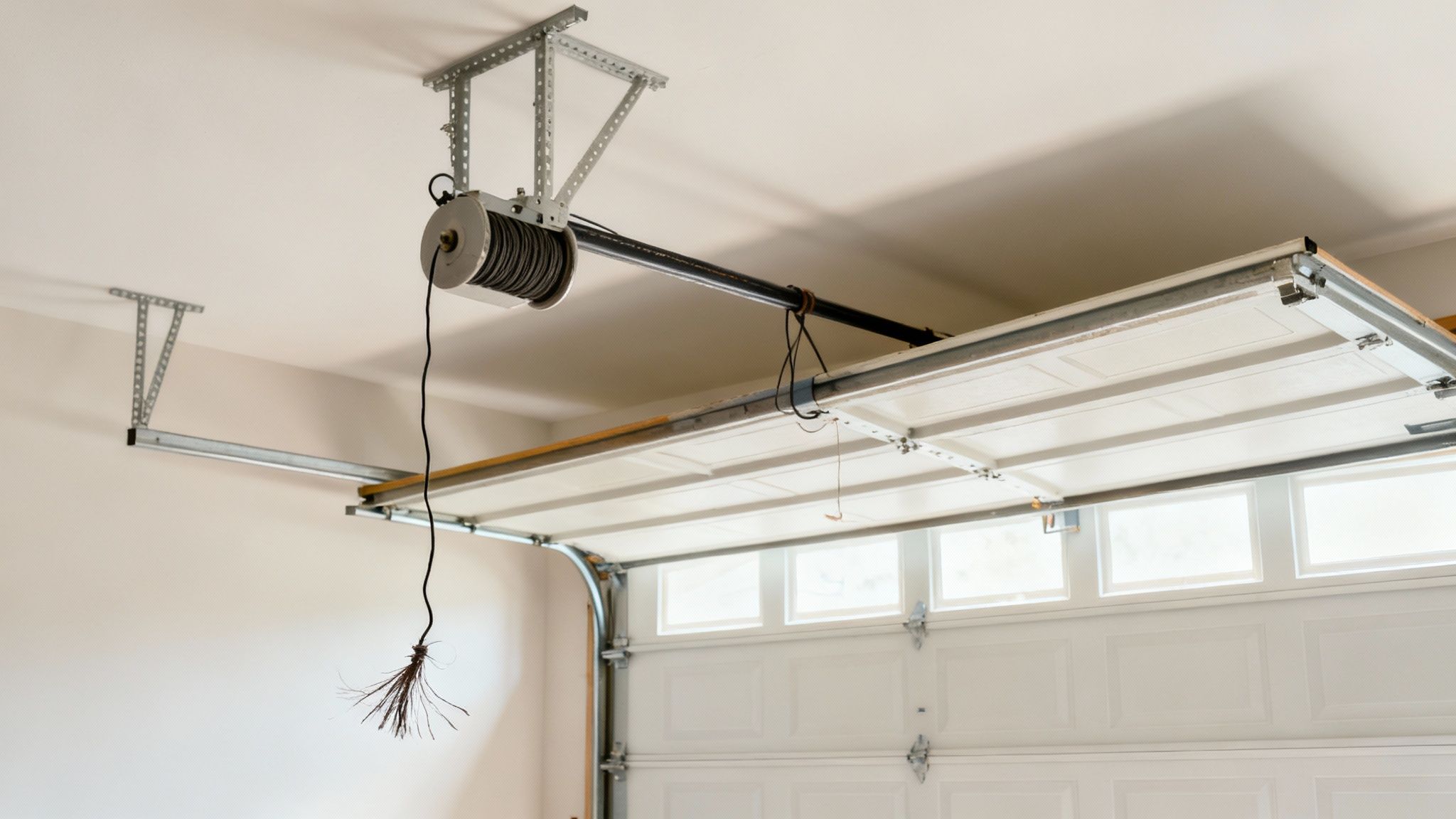 Inside view of a garage door mechanism showing a cable drum and a broken, frayed cable.