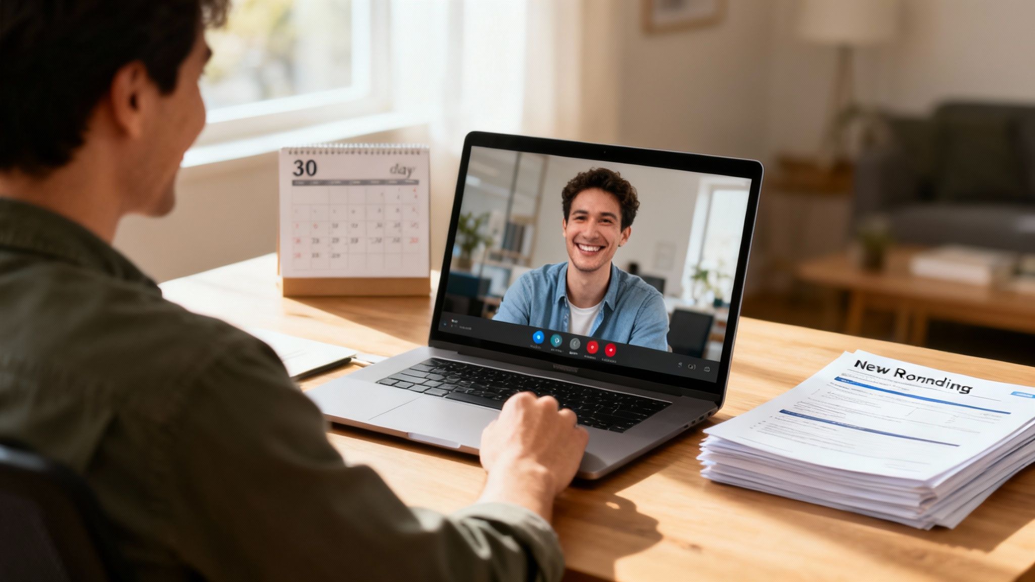 Man smiling during a video call on a laptop, with a calendar and documents on a desk.