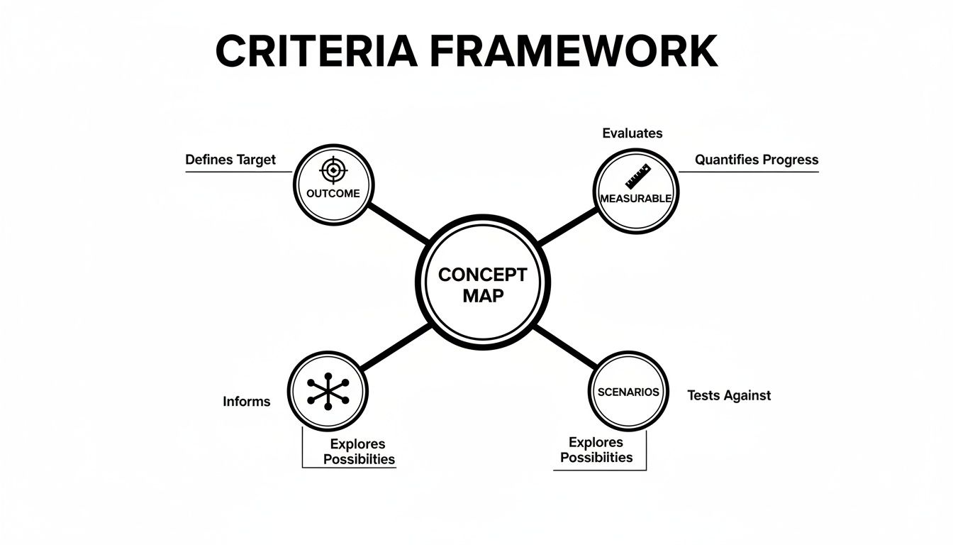 A Criteria Framework concept map showing Outcome, Measurable, Scenarios, and Possibilities linked to a central idea.