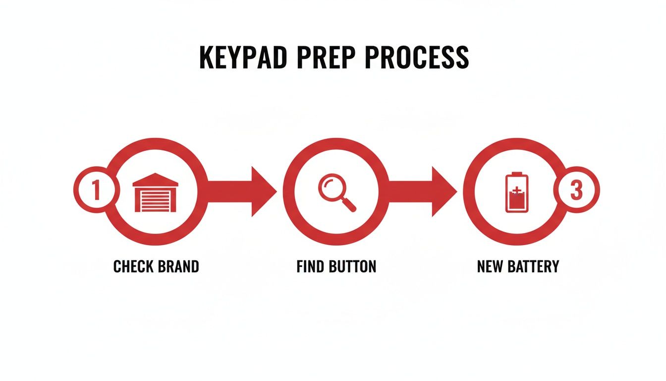 A three-step infographic outlines the keypad preparation process: check brand, find button, and new battery.