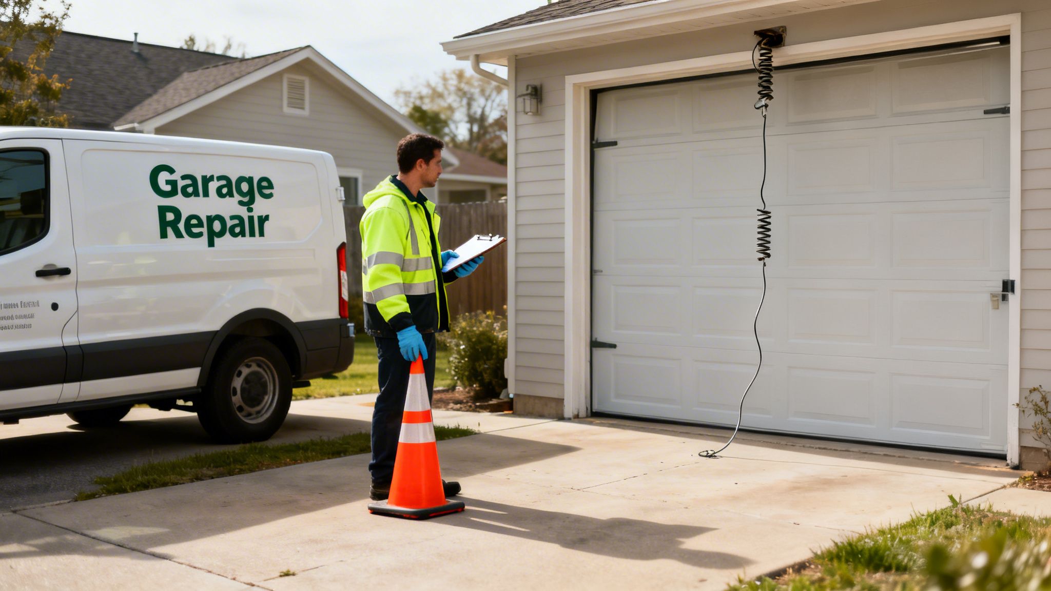 A garage repair technician inspects a white garage door with a diagnostic cable and a service van nearby.