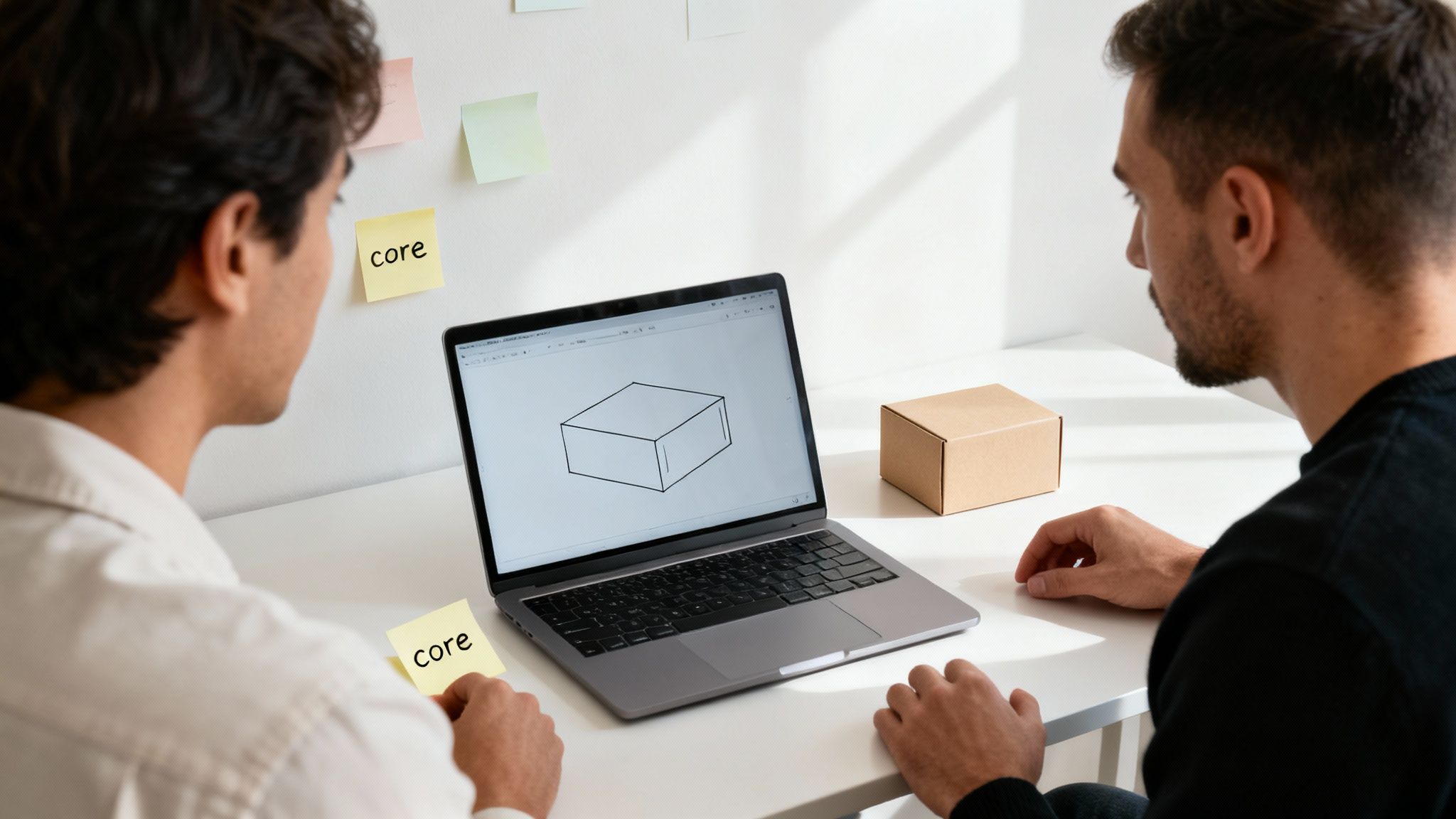 Two men discuss a product concept, looking at a 3D box model on a laptop.