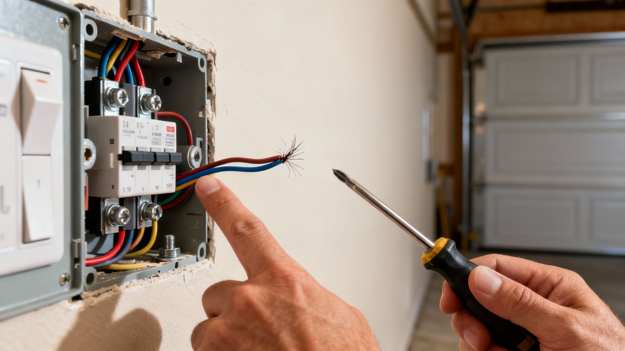 Close-up of hands working on an electrical panel with colorful wires and a screwdriver.