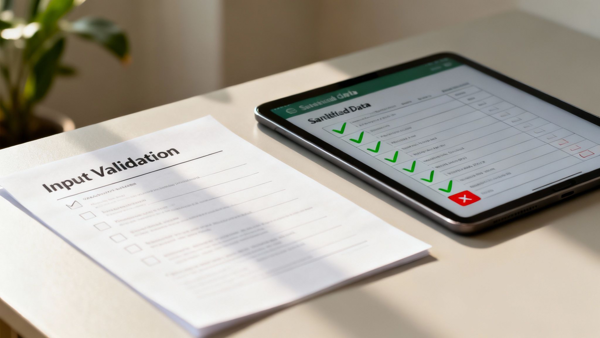 Input validation checklist document next to a tablet showing sanitized data with success and error indicators.