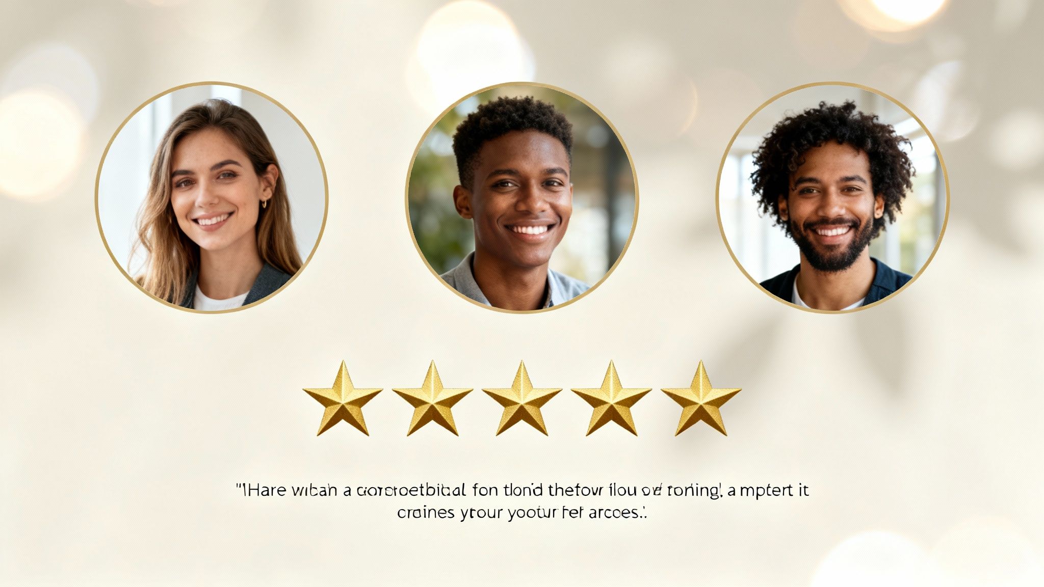 Three diverse, smiling people with a five-star rating and a positive customer testimonial.