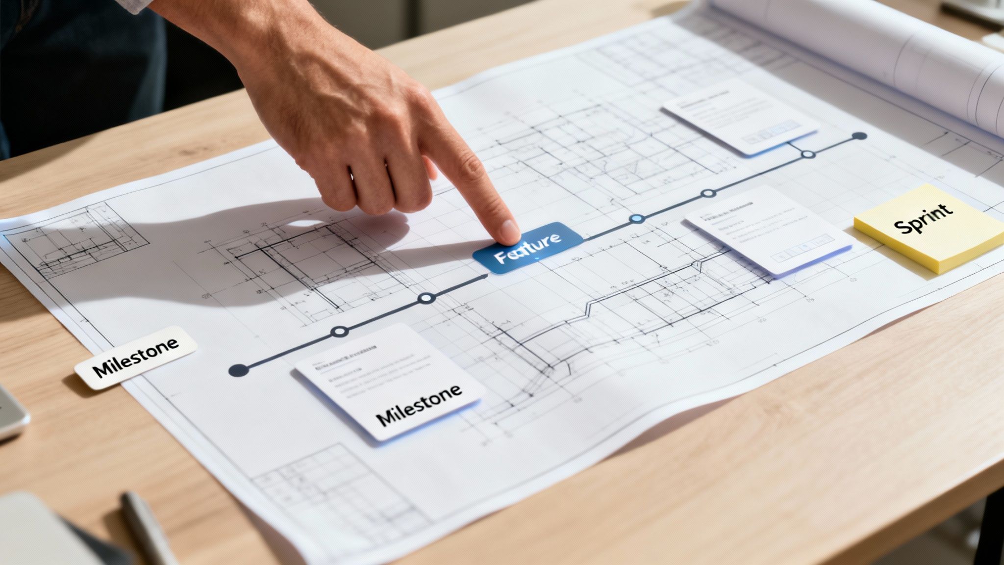 A hand points to a 'Feature' on an agile project timeline with 'Milestone' and 'Sprint' labels.