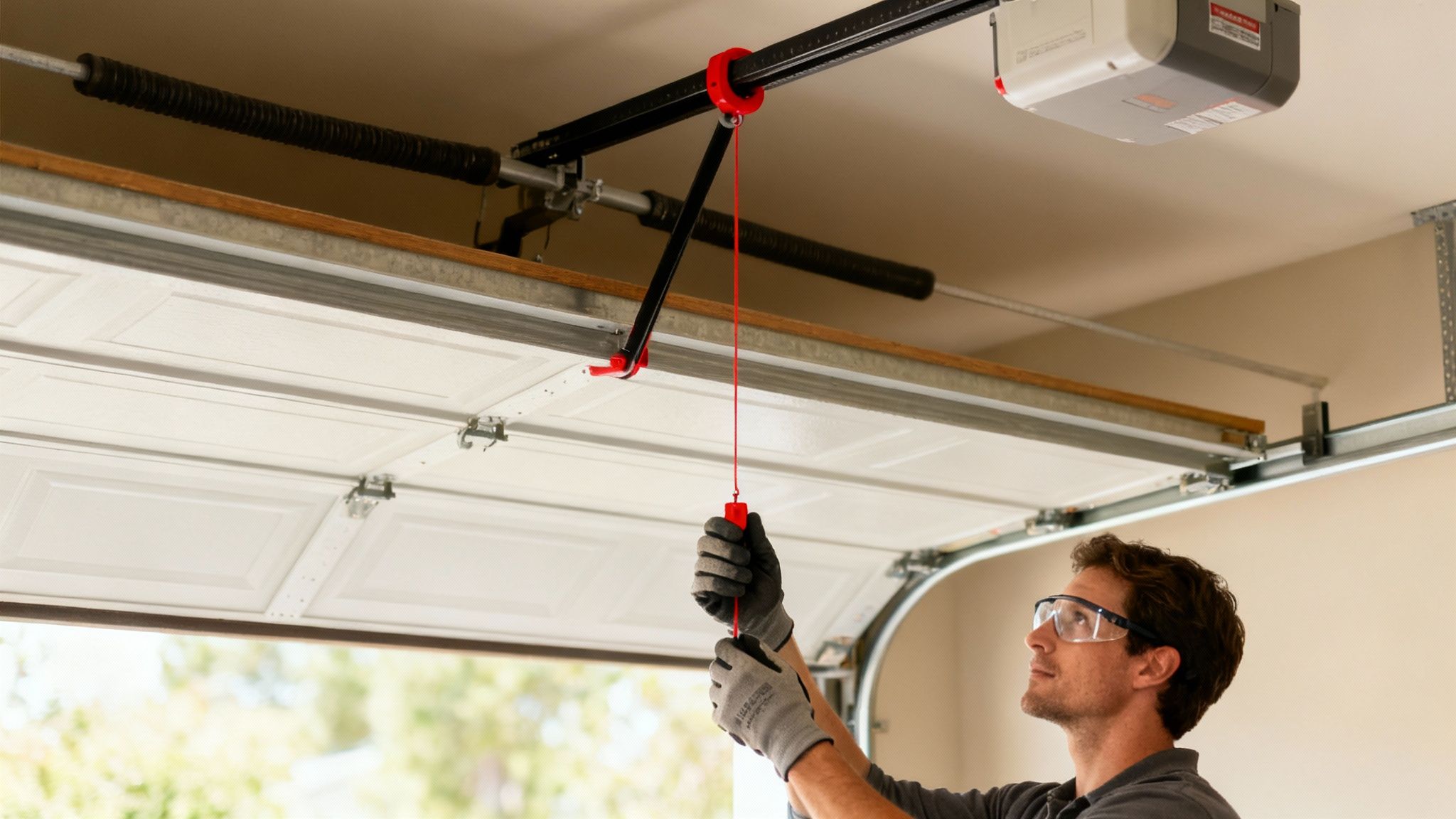 A man in safety glasses and gloves manually pulls a red emergency release cord on a garage door.