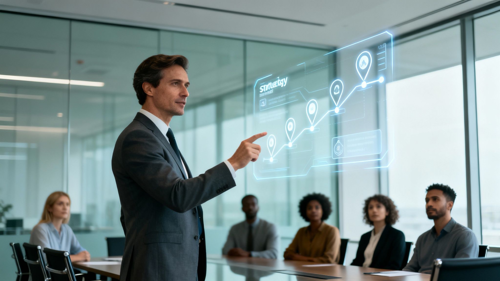 A businessman in a suit presents a holographic strategy display to colleagues in a modern office setting.